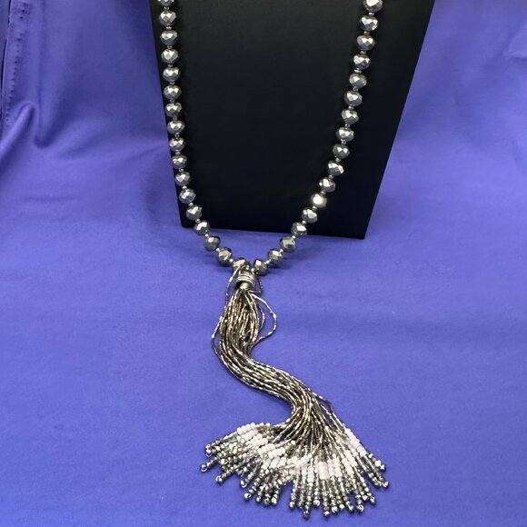 Chico’s Long 32” Pewter Beaded Tassel Necklace.  With Original Tag - Picture 4 of 16